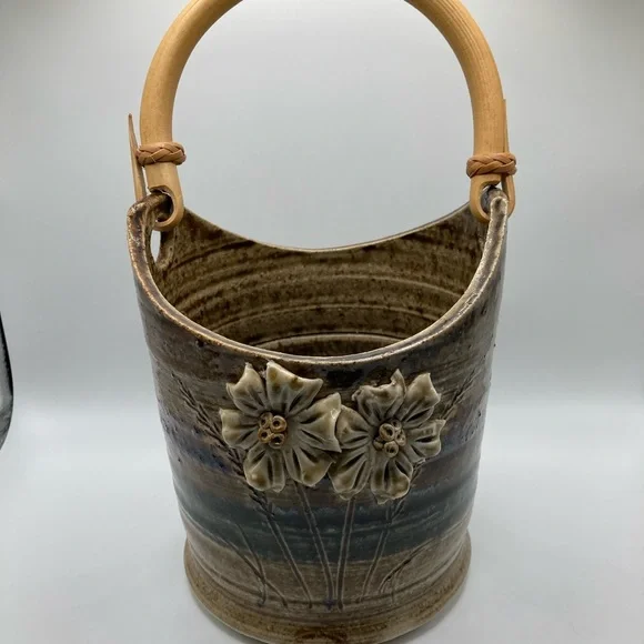 Vintage Teal/Tan/Blue Pottery Flower Pot with Bamboo Handle - Picture 2 of 10